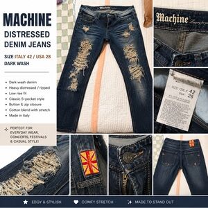 Machine Distressed Slim Jeans - Dark Blue